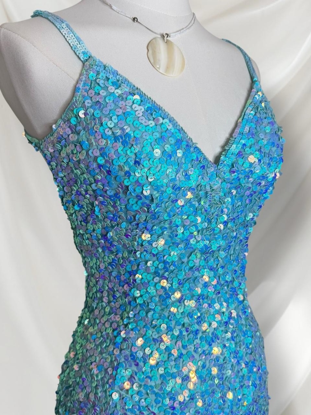 Sequin Mermaid Evening Dress in Aqua Blue - Strappy Back - Picture 4 of 8